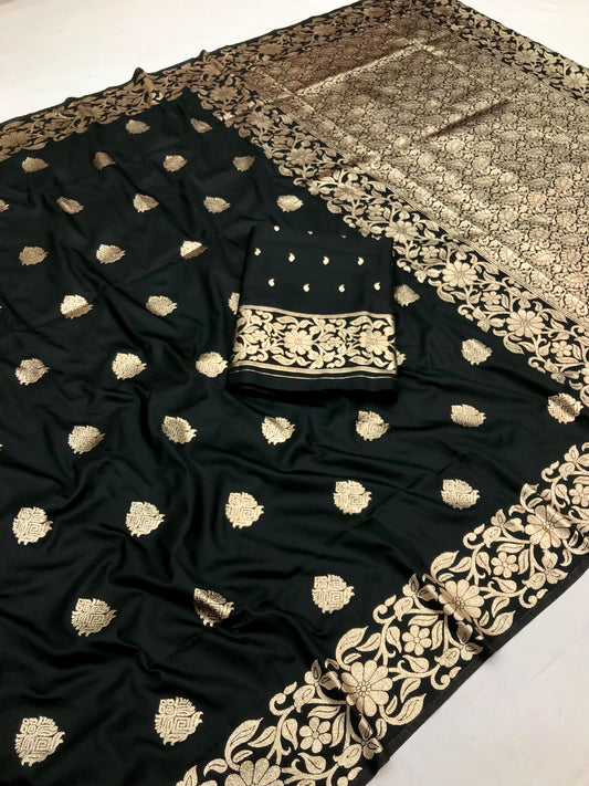 Adorable Black Color Indian Banarasi Silk Party Wear Saree With Blouse