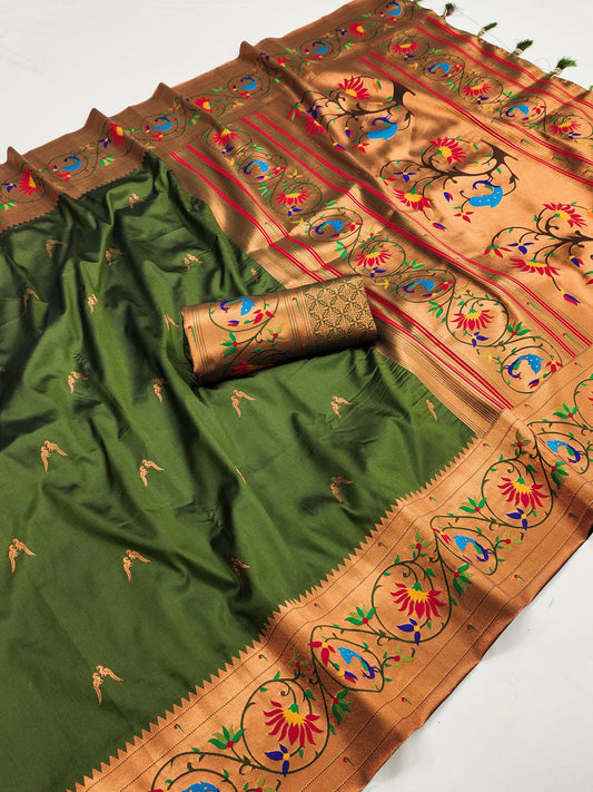 Mehendi color paithani silk saree for women