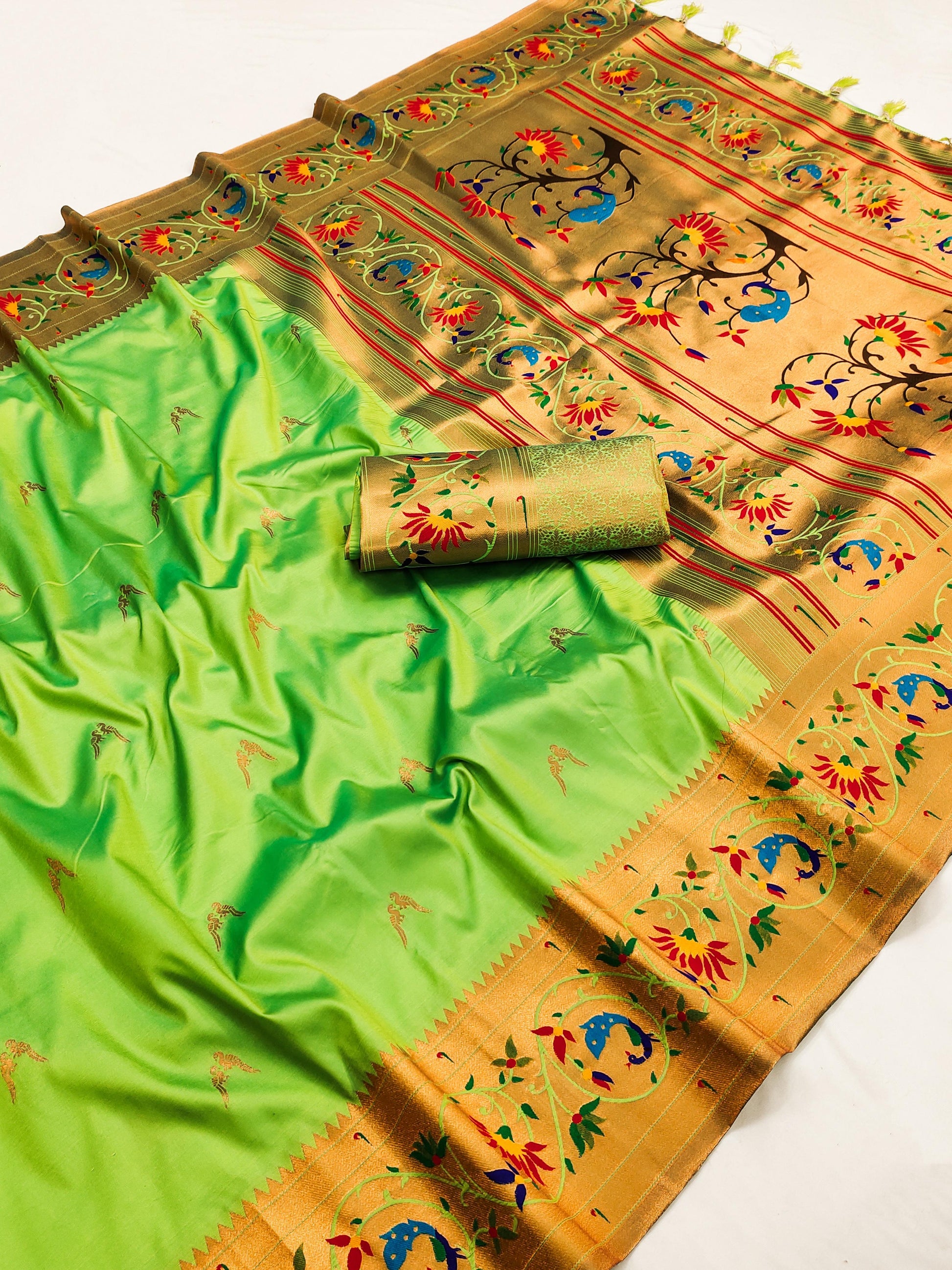 Parrot green color paithani silk saree with blouse price