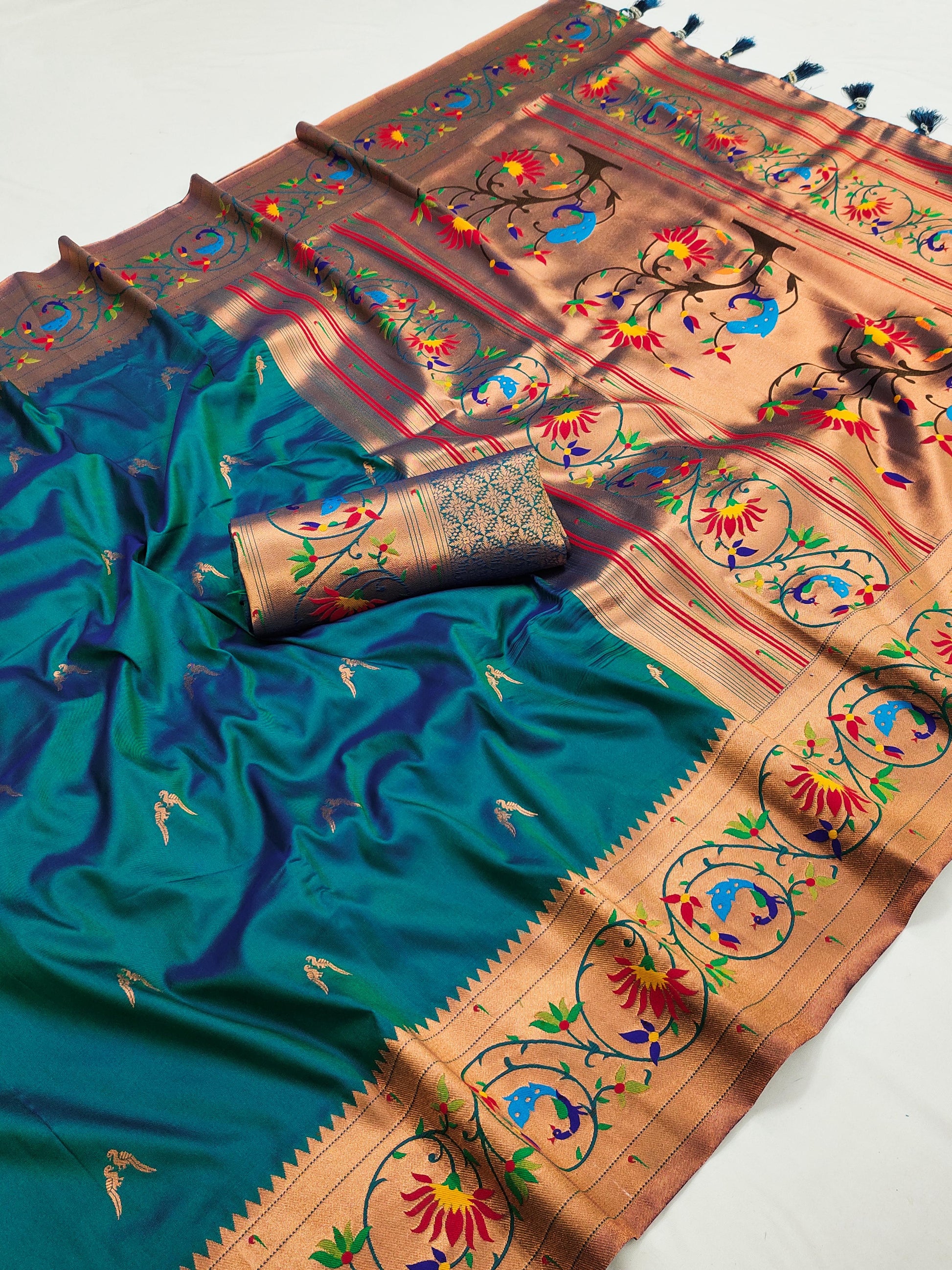 Teal blue color paithani silk saree with blouse 