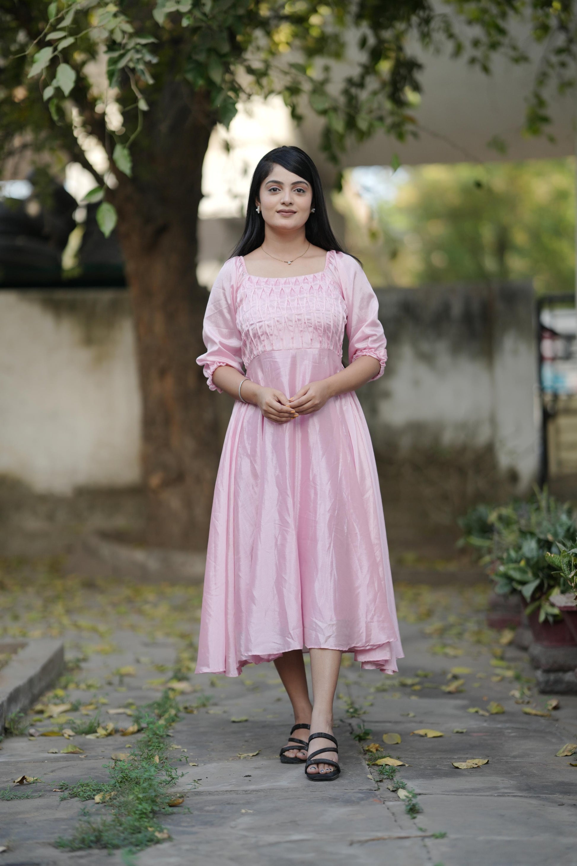 Pink color chinon long kurti for women with online
