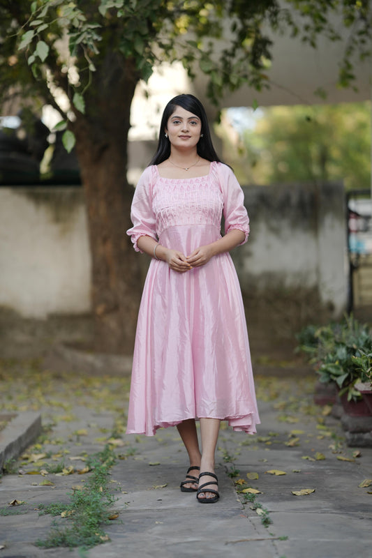Pink color chinon long kurti for women with online
