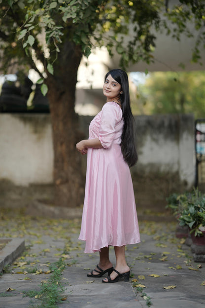 Pink color chinon long kurti for women with design
