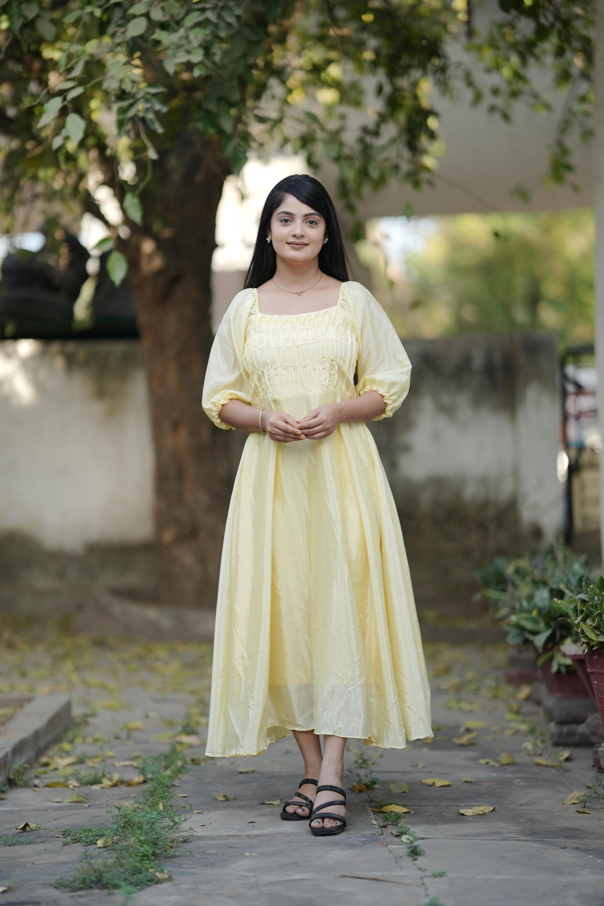 Yellow color chinon long kurti for women with online shopping
