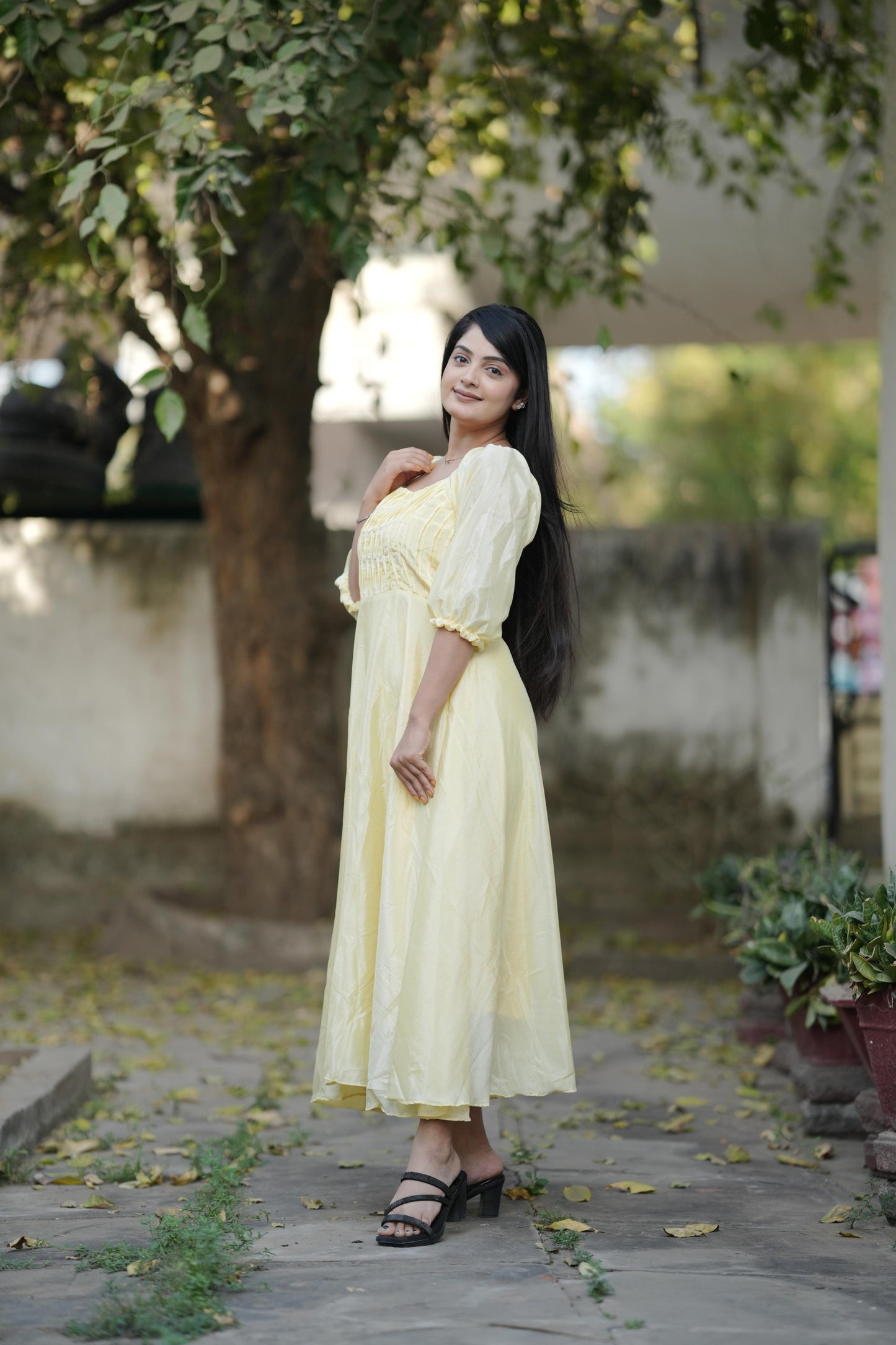 Yellow color chinon long kurti for women with price
