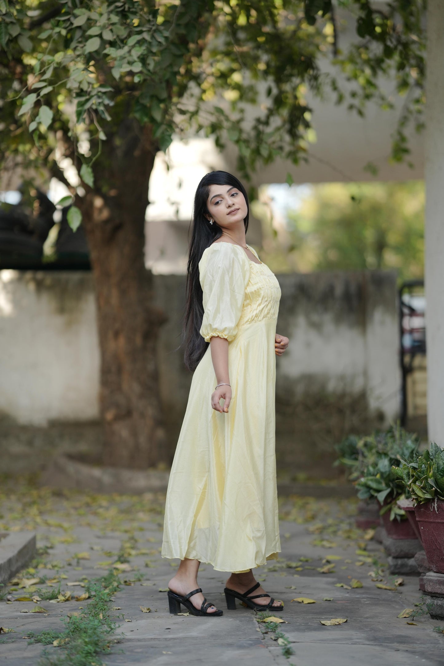 Yellow color chinon long kurti for women with design
