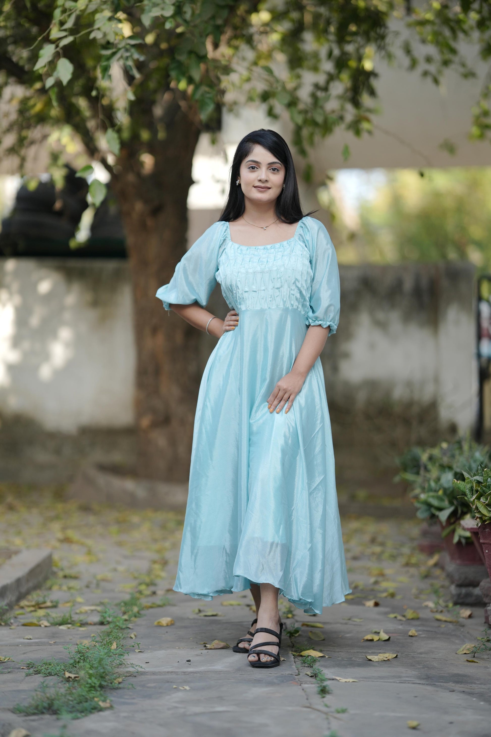 Sky color chinon long kurti for party