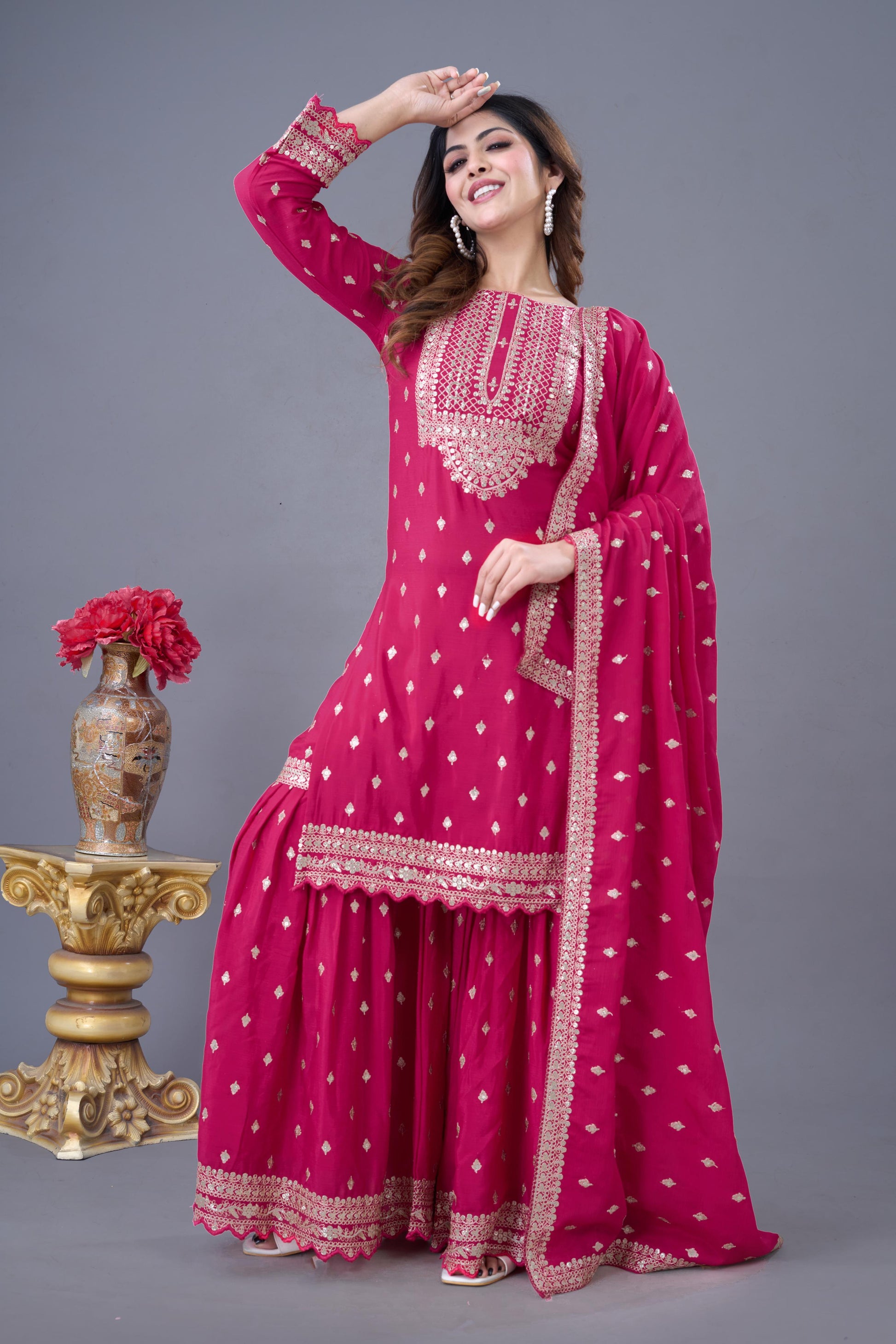 Pink color chinon silk sharara suit for wedding