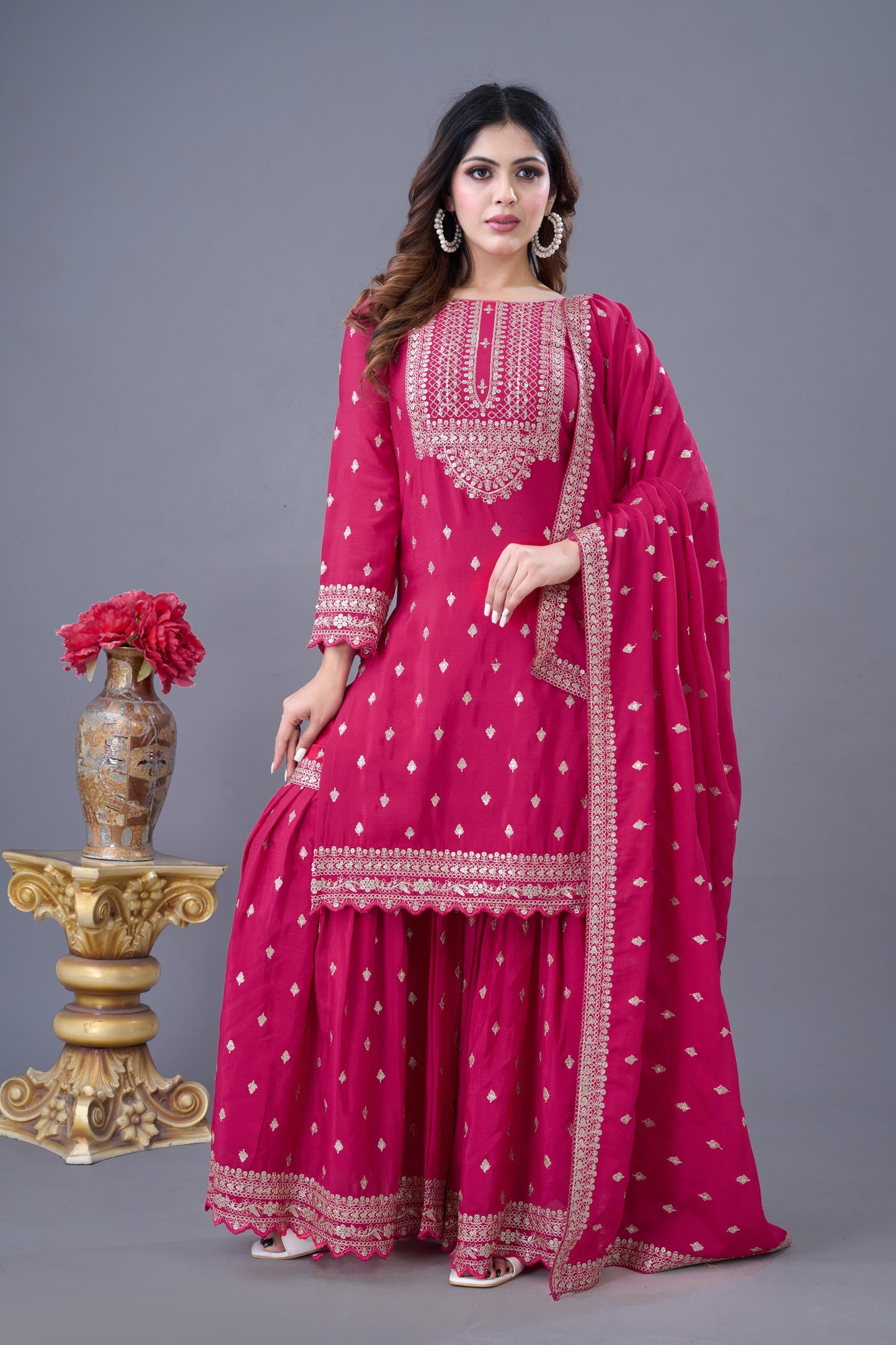 Pink color chinon silk sharara suit for women