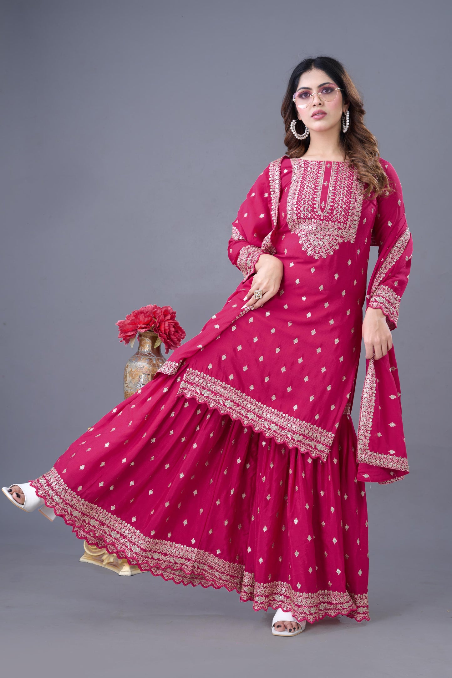 Pink color chinon silk sharara suit with dupatta online shopping