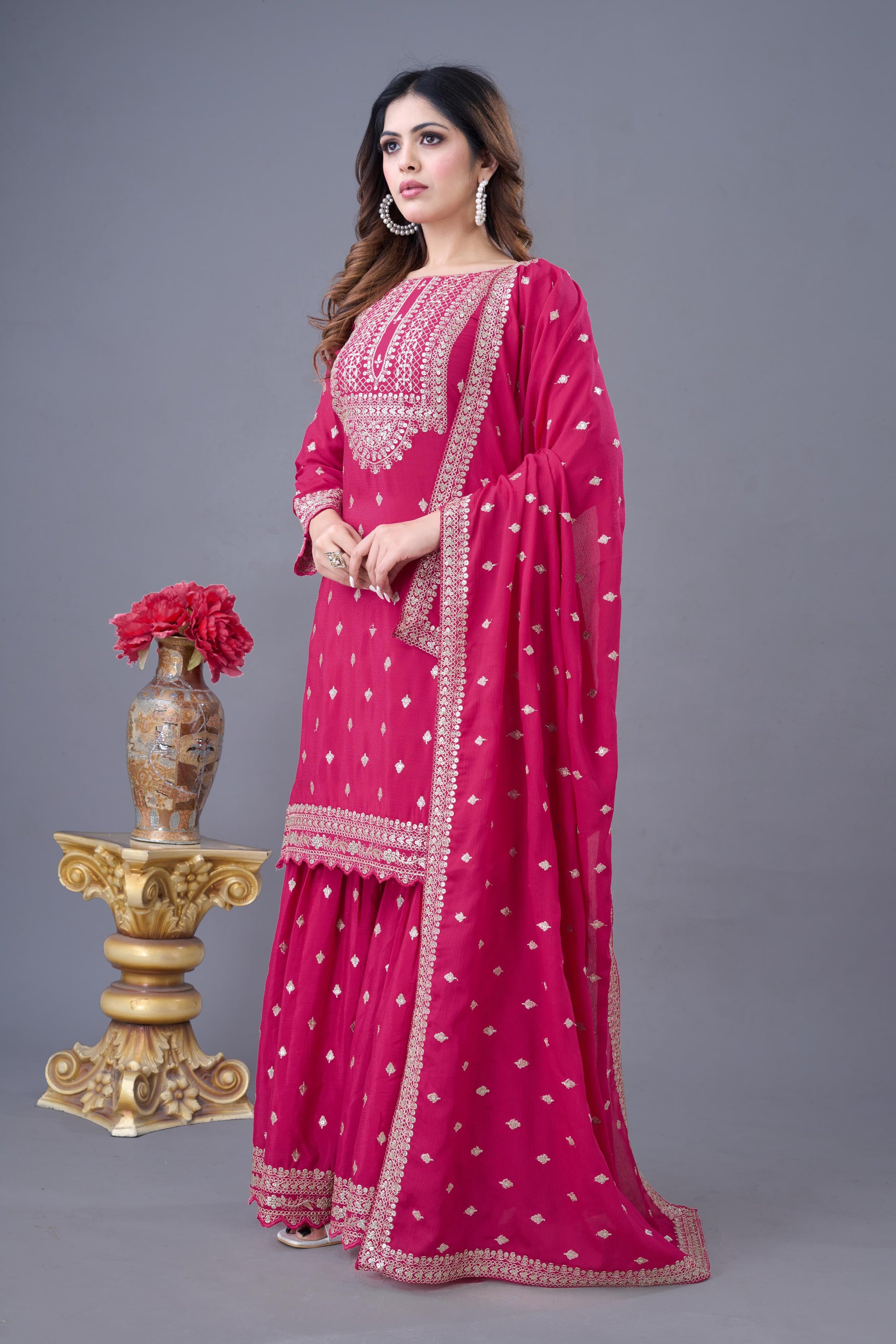Pink color chinon silk sharara suit with dupatta online