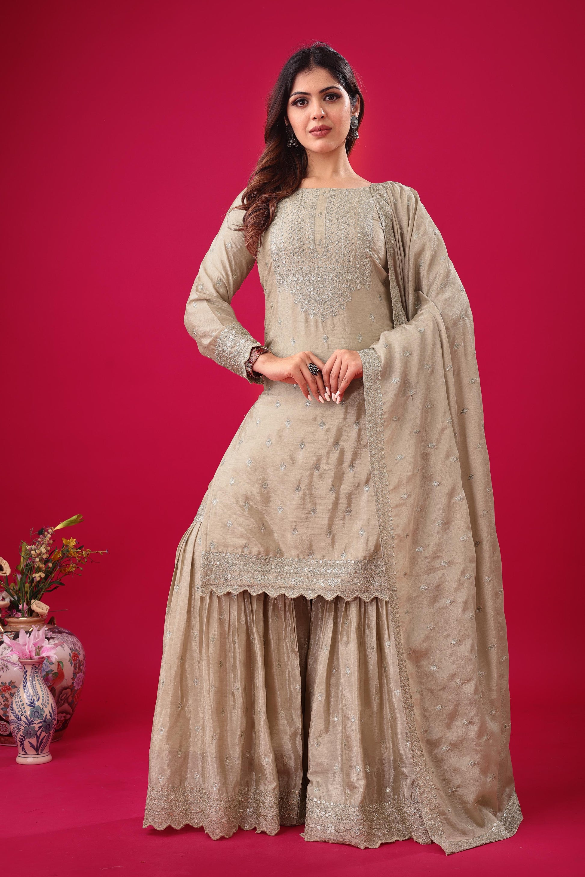 Beige color chinon silk sharara suit for women