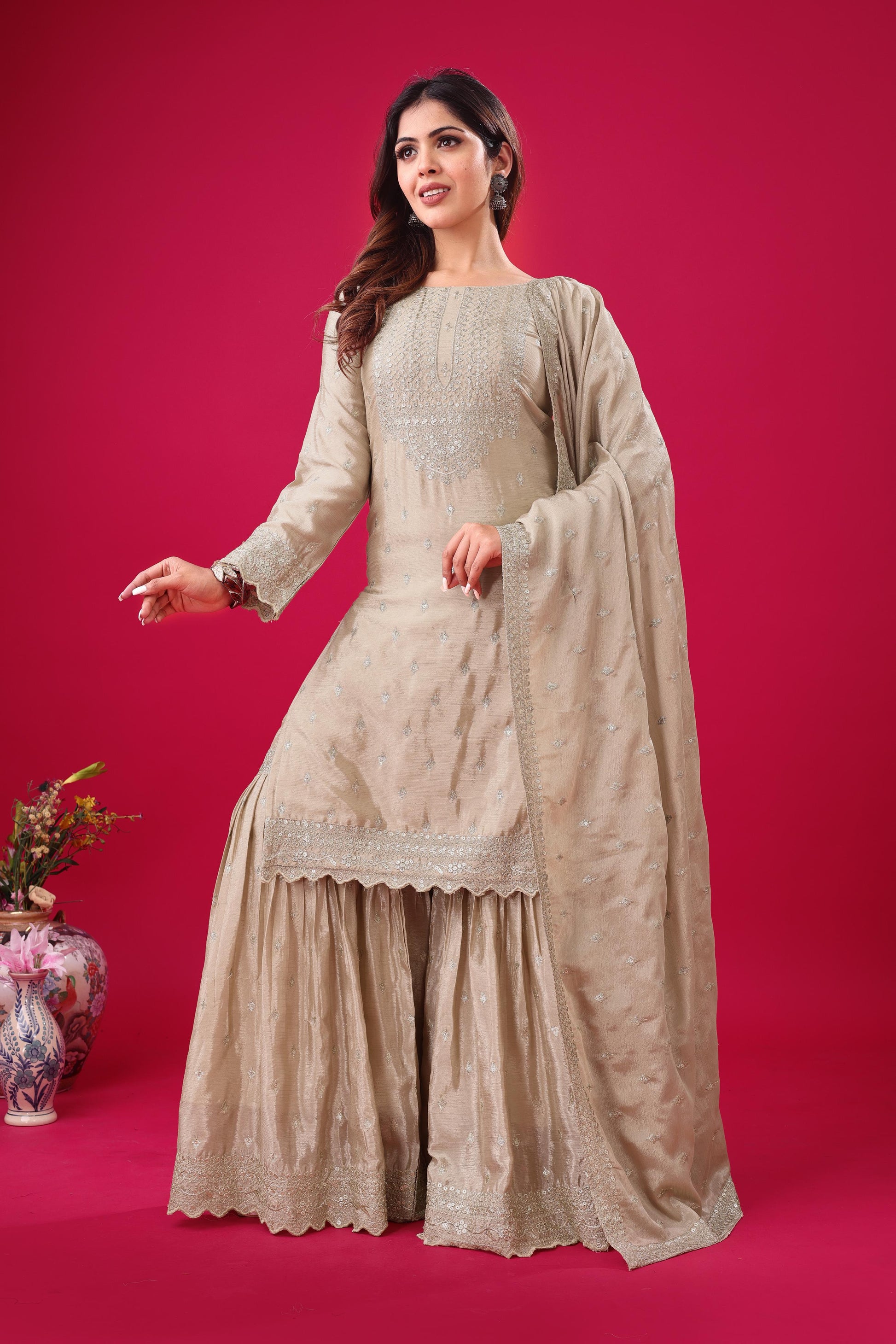 Beige color chinon silk sharara suit for wedding