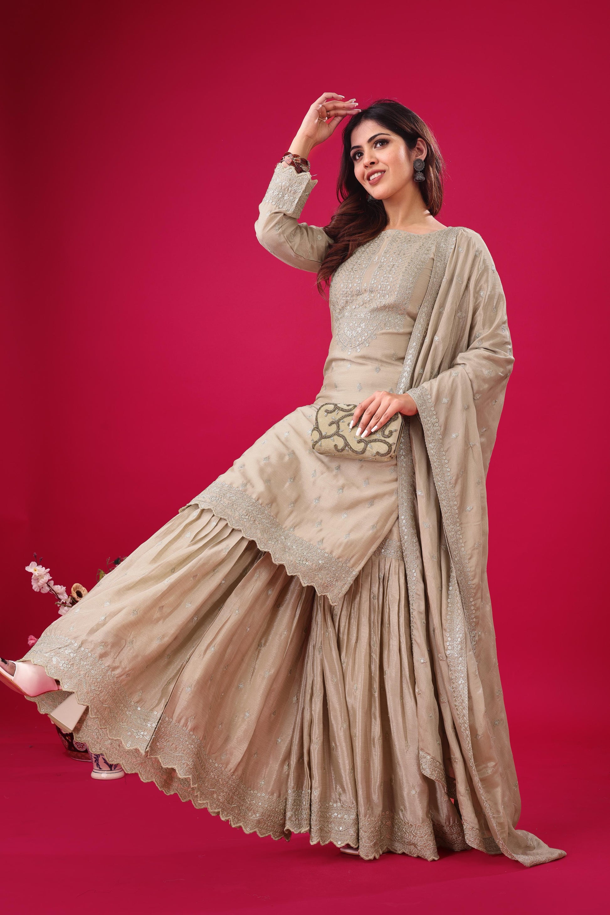 Beige color chinon silk sharara suit with dupatta online shopping