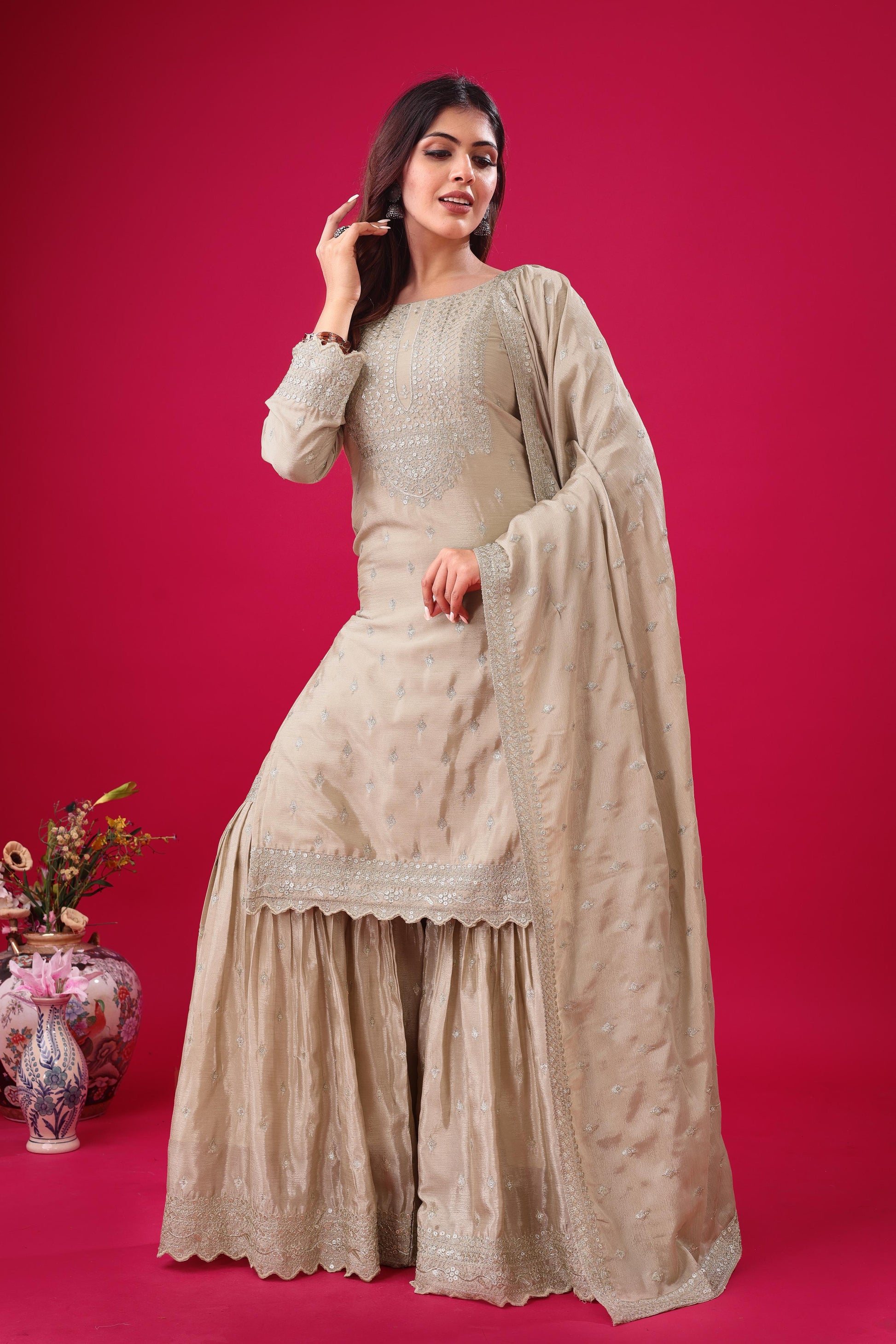 Beige color chinon silk sharara suit with dupatta images
