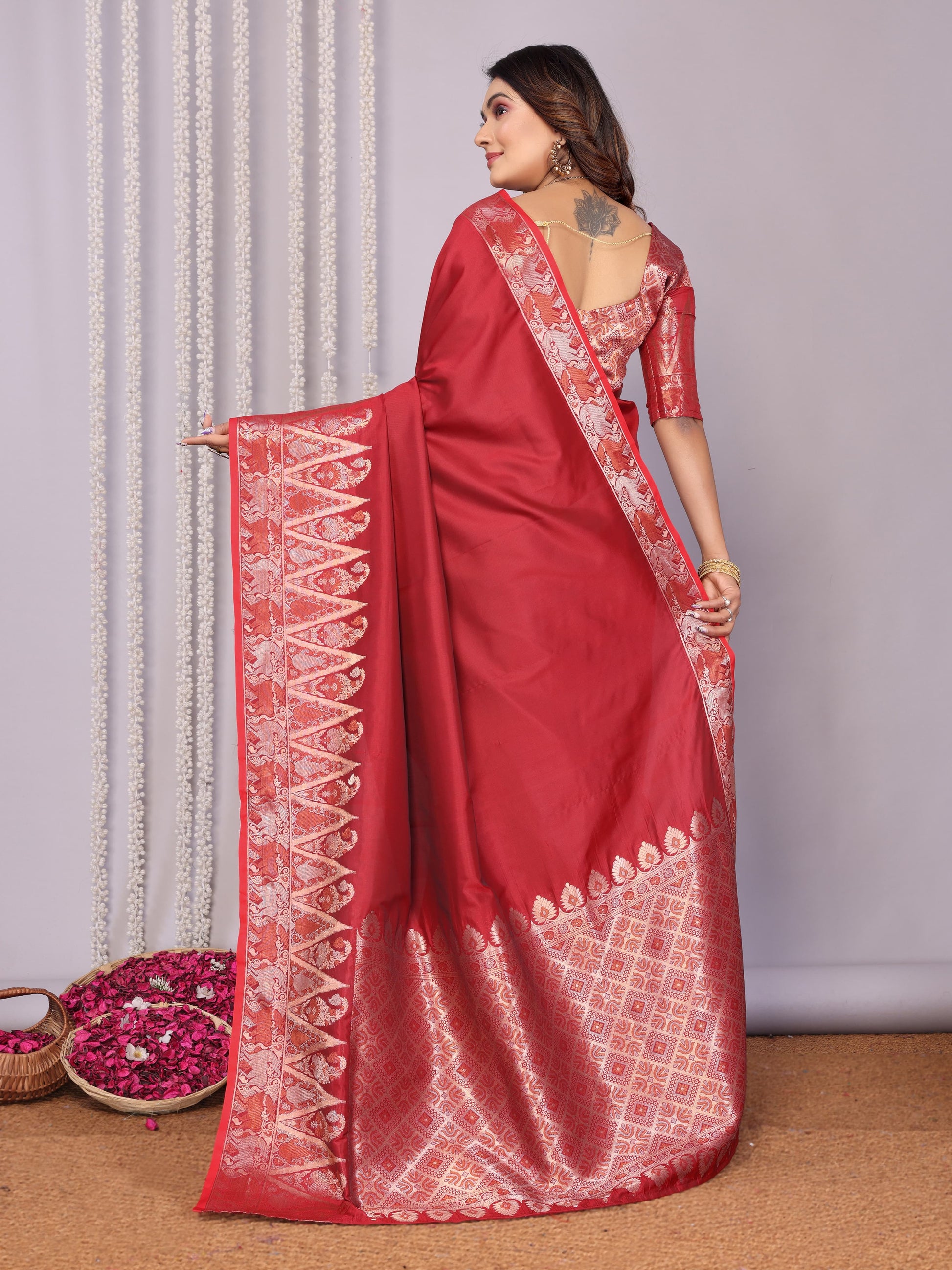 Red color soft silk saree with blouse online shopping