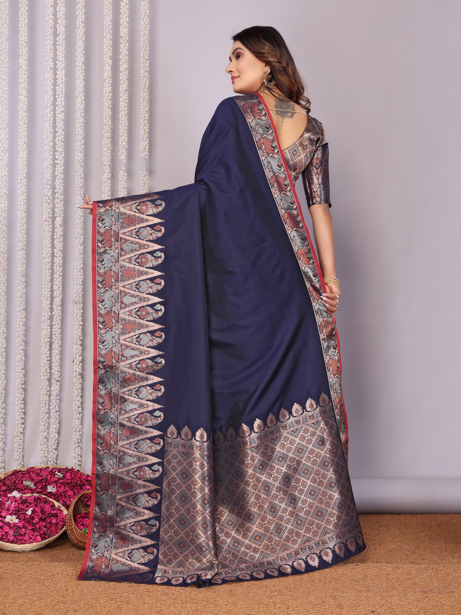 Navy blue color soft silk saree with blouse online shopping