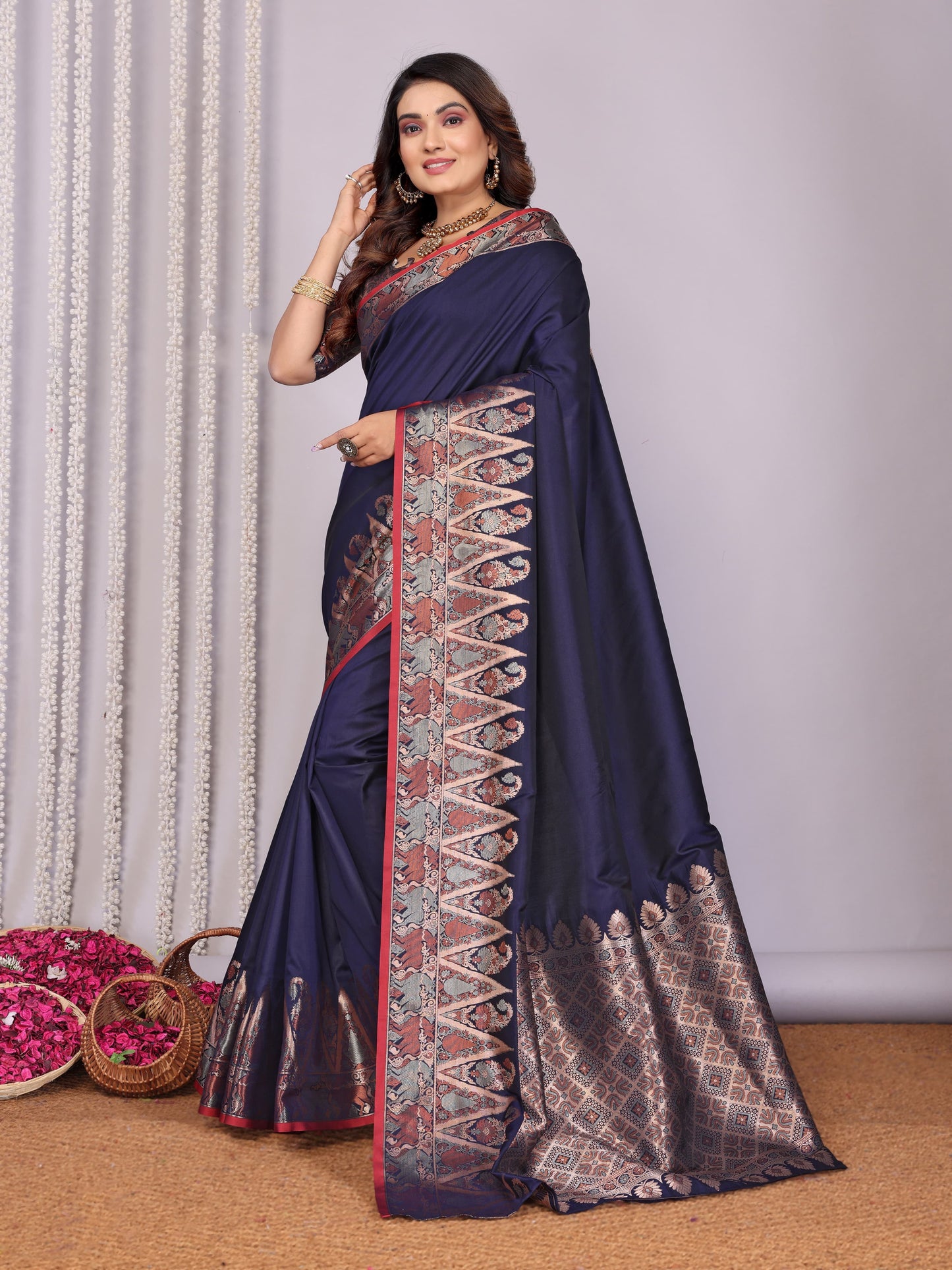 Navy blue color soft silk saree with blouse online
