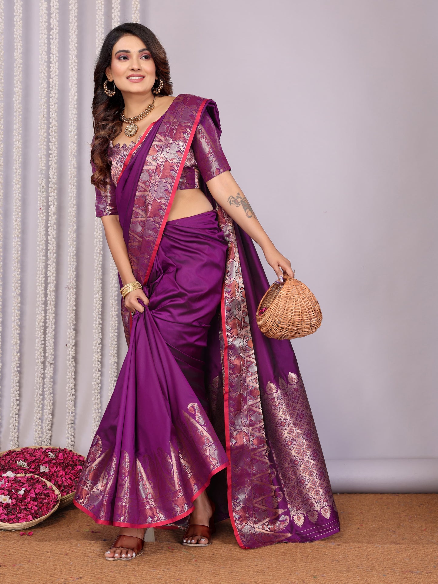 Purple color soft silk saree with blouse price