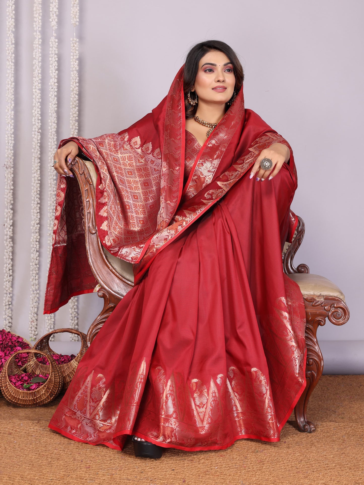 Red color soft silk saree with blouse price