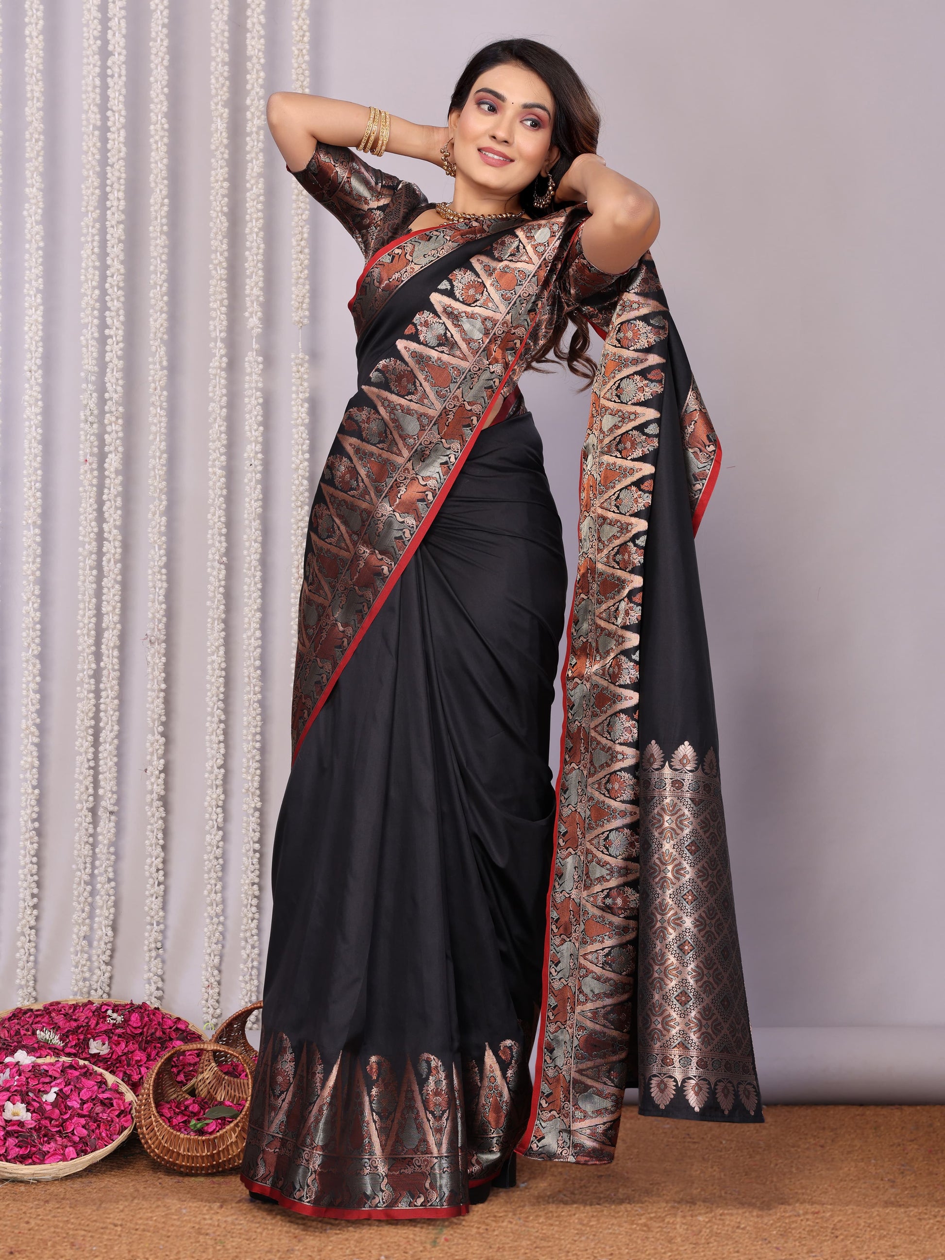 Black Silk Saree with Golden Border
