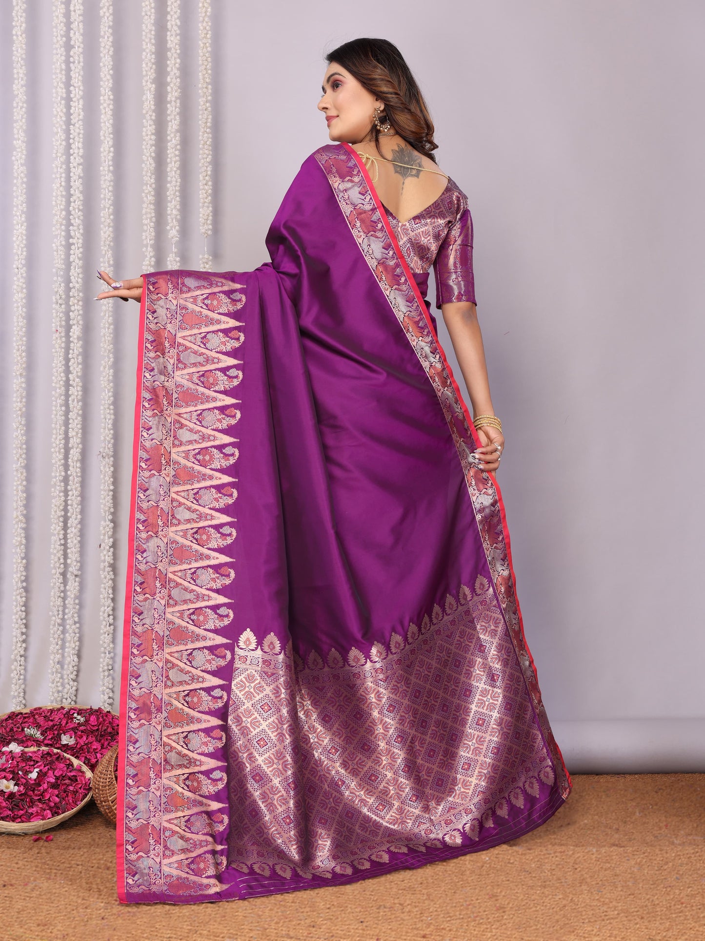 Purple color soft silk saree with blouse design