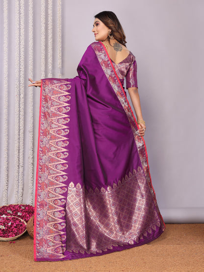 Purple color soft silk saree with blouse design