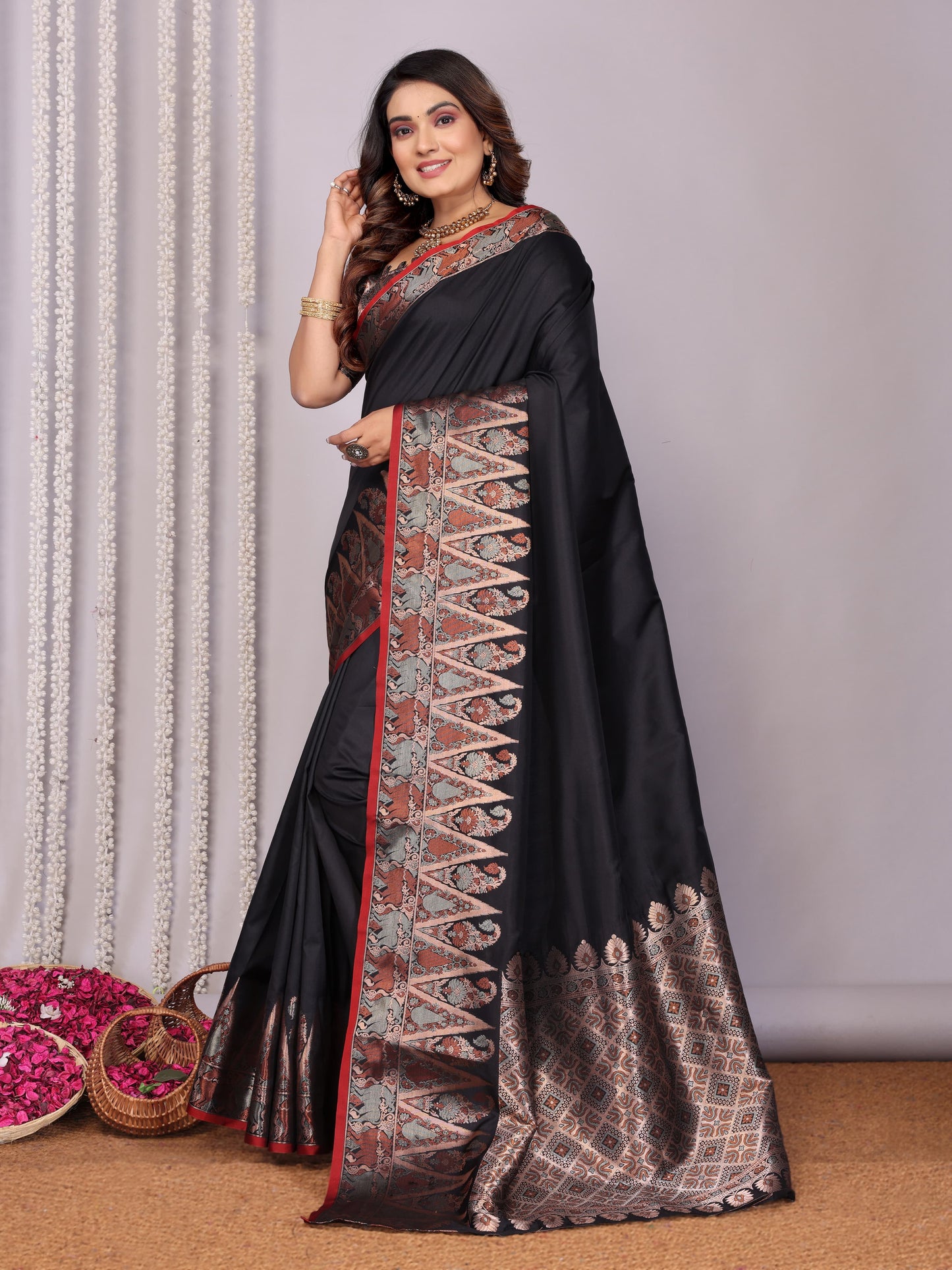 Black color soft silk saree for women with price
