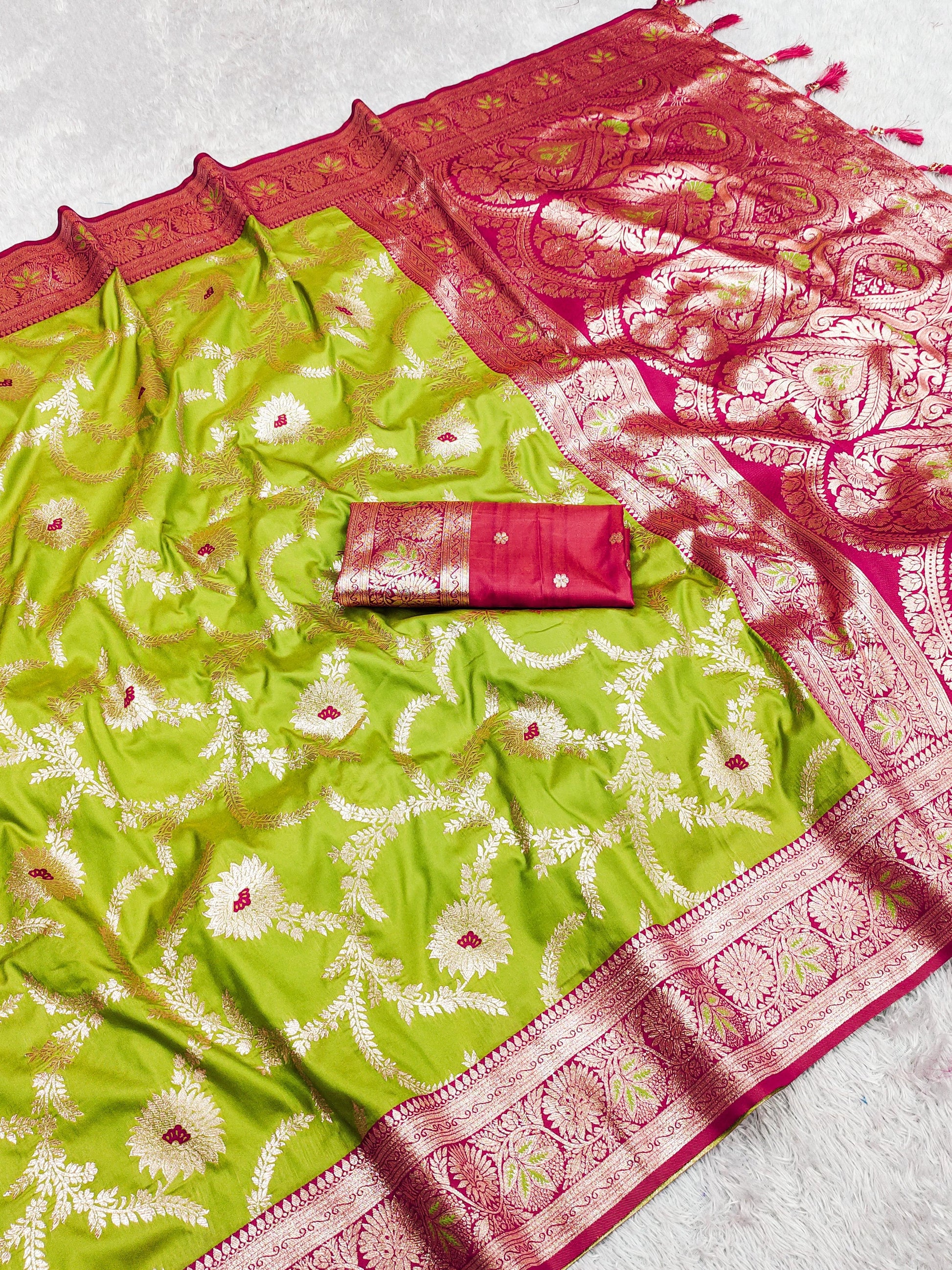 Green color banarasi silk saree for wedding