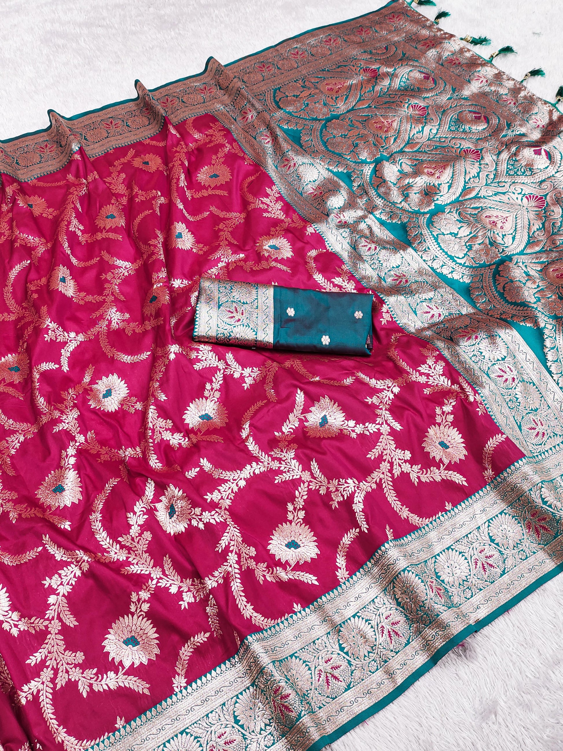 Pink color banarasi silk saree with blouse online