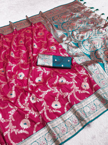 Pink color banarasi silk saree with blouse online