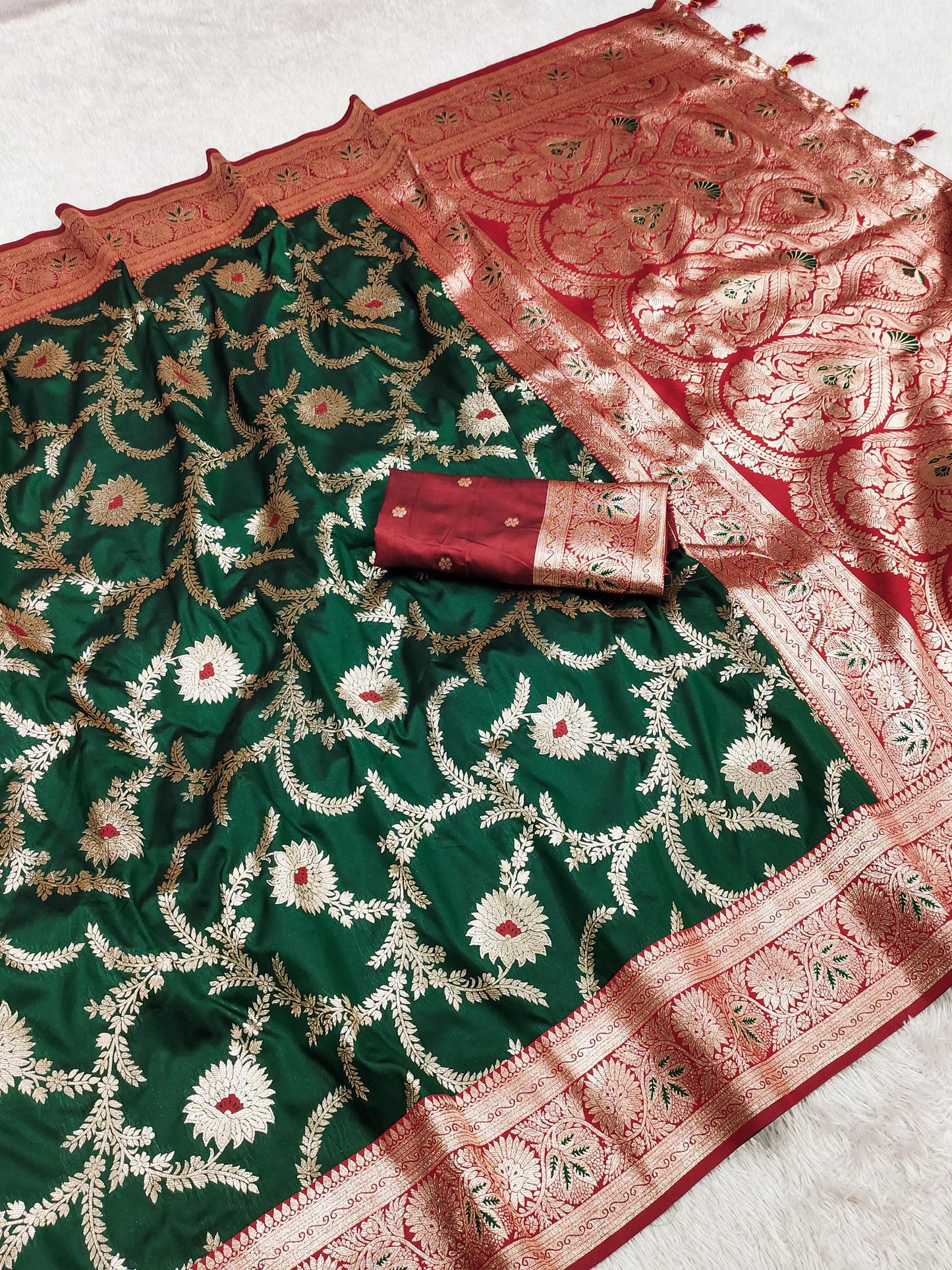 Green color banarasi silk saree with blouse online