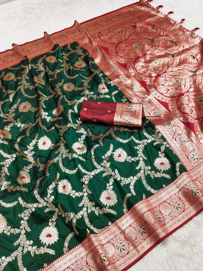Green color banarasi silk saree with blouse online