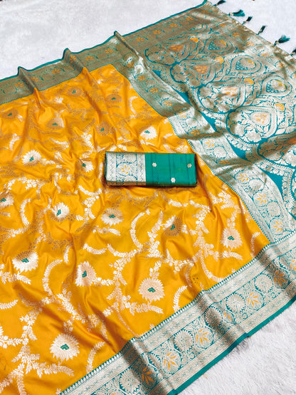 Yellow color banarasi silk saree with blouse images