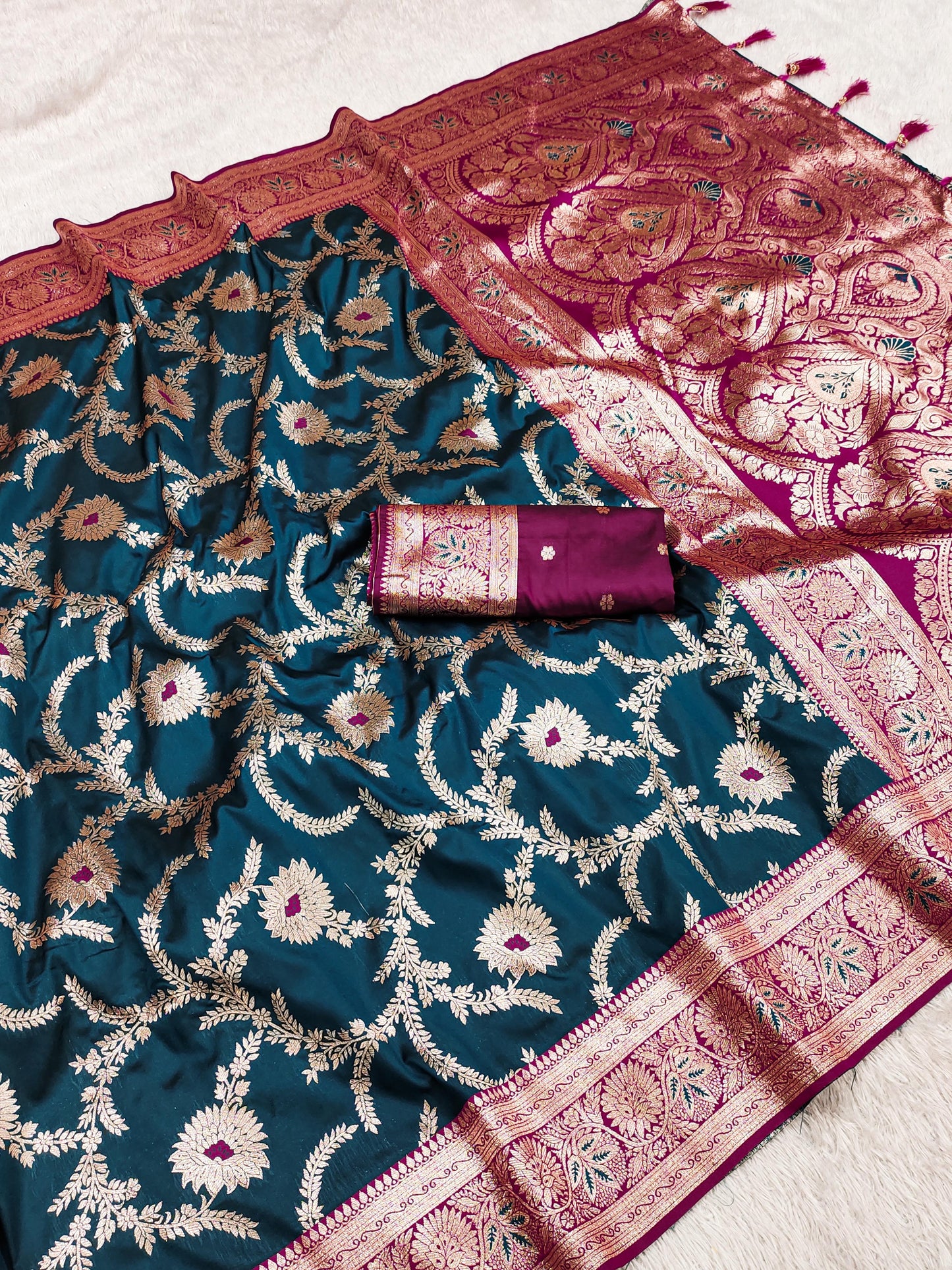 Teal color banarasi silk saree for women