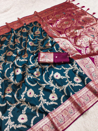 Teal color banarasi silk saree for women