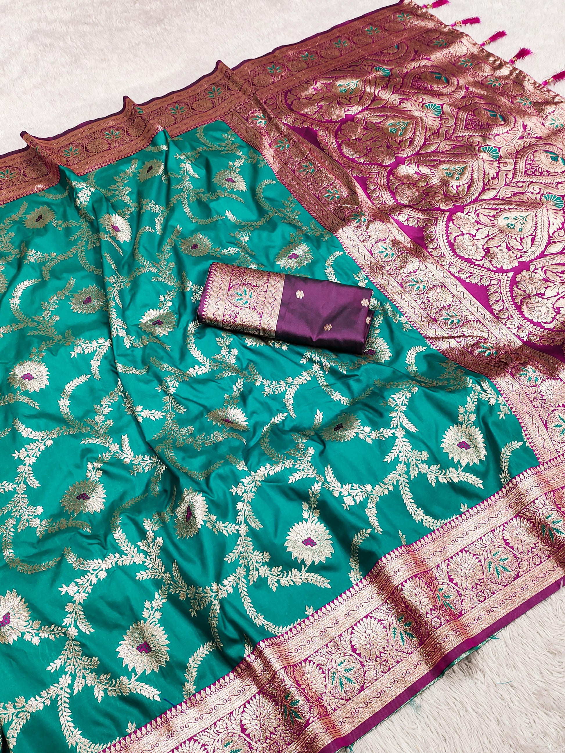 Rama color banarasi silk saree with blouse online shopping