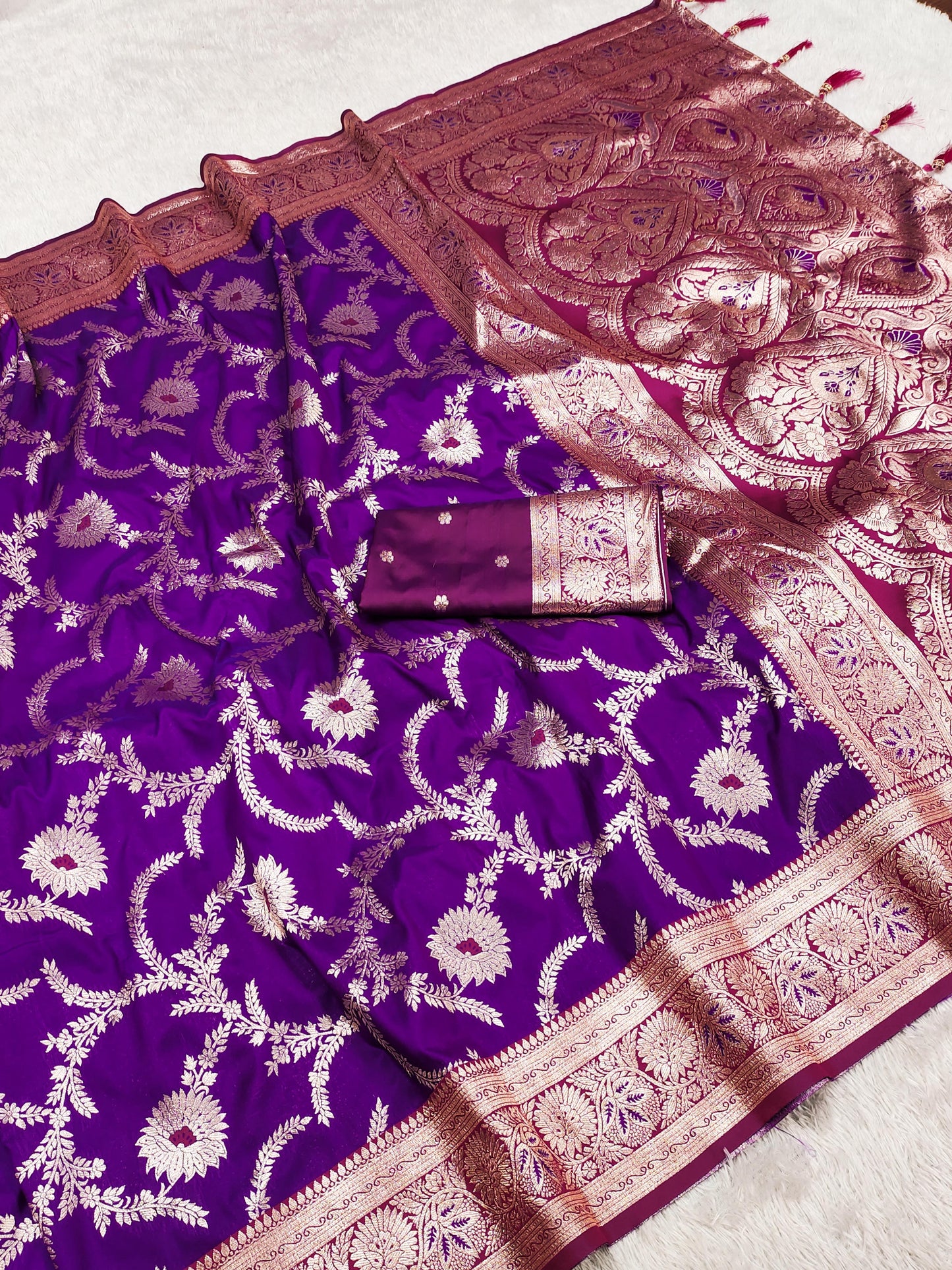 Purple color banarasi silk saree for wedding