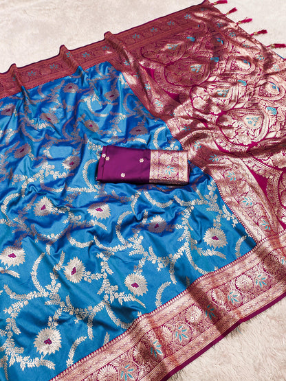 Sky color banarasi silk saree with blouse online shopping