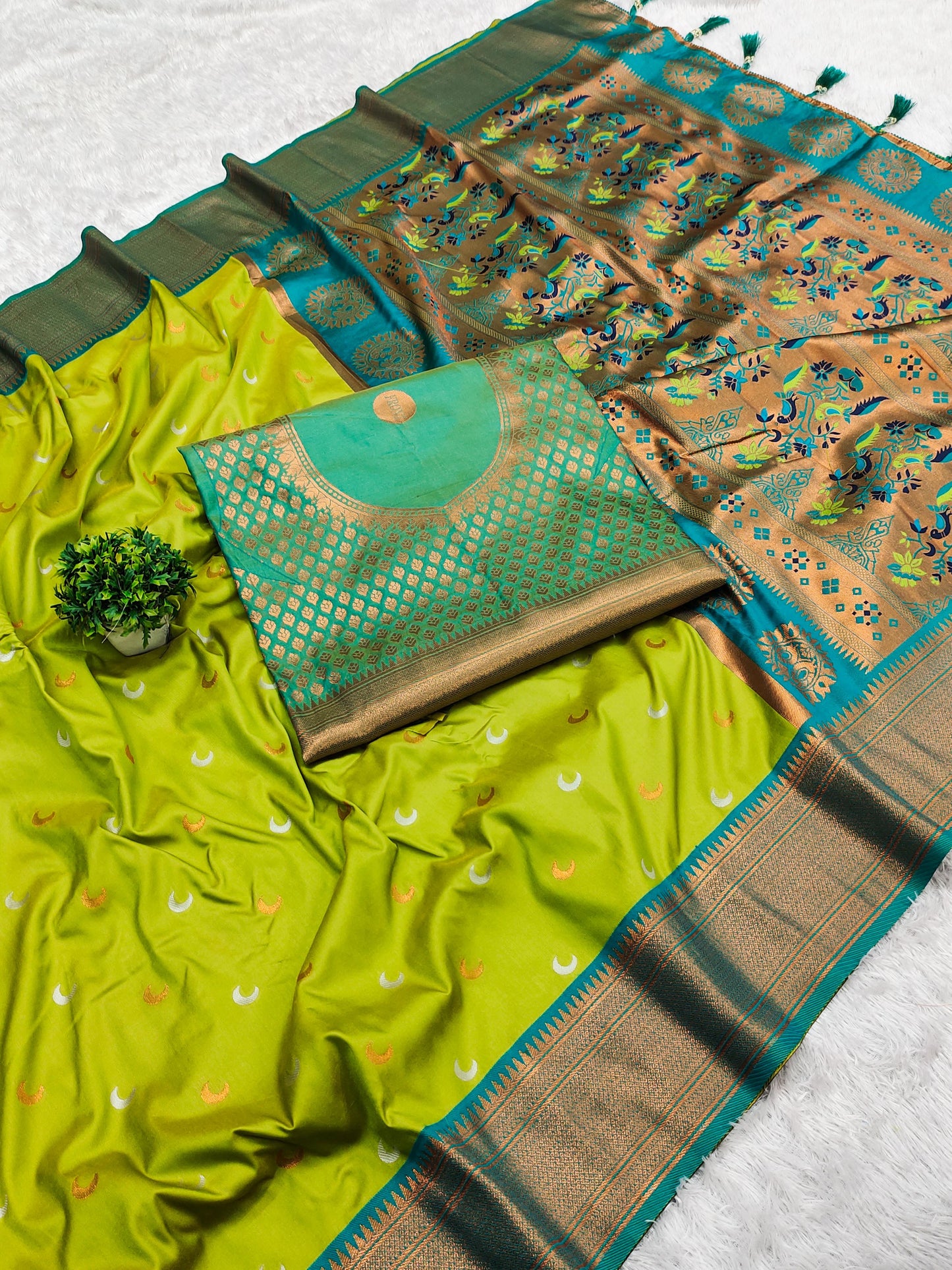 Parrot green color paithani silk saree with blouse online shopping