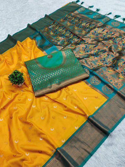Yellow color paithani silk saree with blouse price