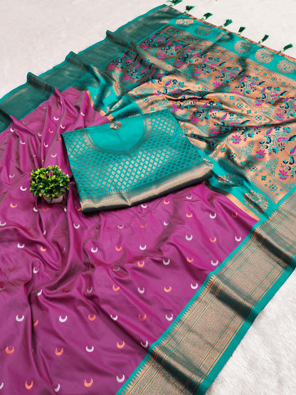 Pink color paithani silk saree for women