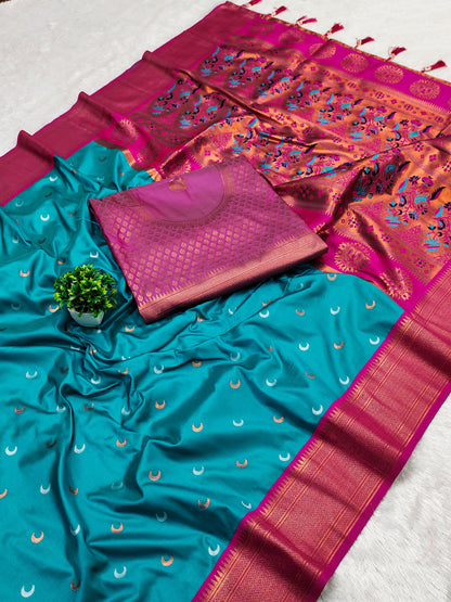 Sky color paithani silk saree with blouse images