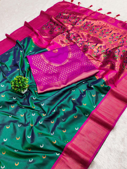 Green color paithani silk saree with blouse price
