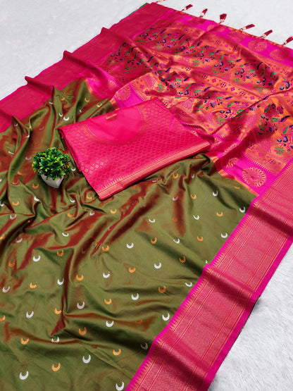 Mehendi color paithani silk saree with blouse online shopping