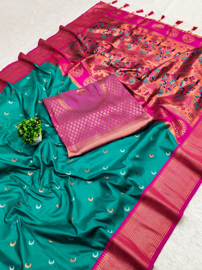 Rama color paithani silk saree with blouse design