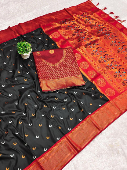Black color paithani silk saree with blouse for women