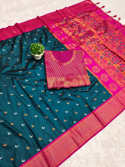 Rama color paithani silk weaving saree with blouse 