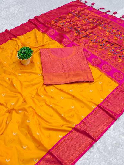 Yellow color paithani silk saree with blouse for haldi rasam