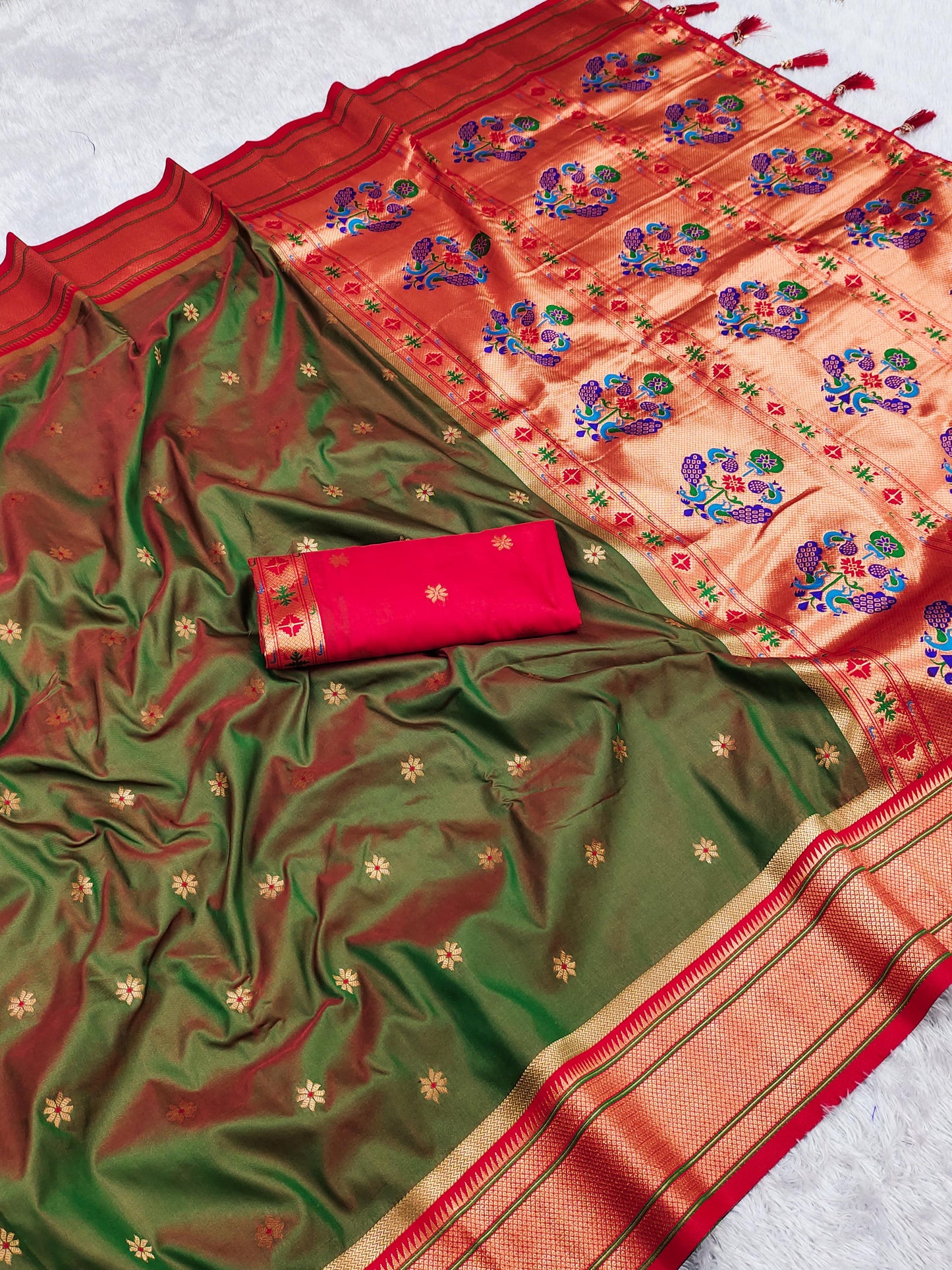 Mehendi color paithani silk saree with blouse price